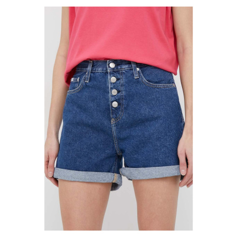 Rifľové krátke nohavice Calvin Klein Jeans dámske, tmavomodrá farba, jednofarebné, vysoký pás