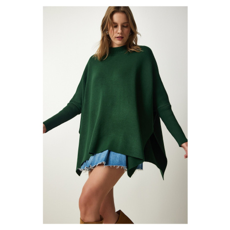 Happiness İstanbul Women's Emerald Green Side Slit Oversize Poncho Sweater
