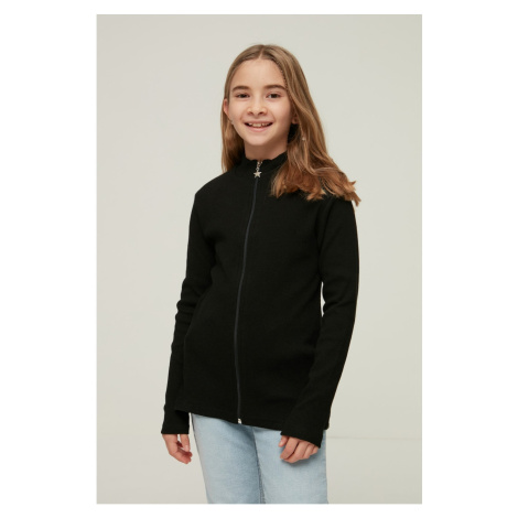 Trendyol Black Zippered Stand Up Collar Girl Knitted Cardigan