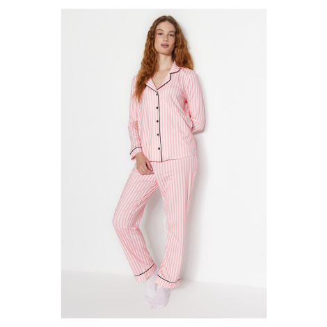 Trendyol Pink Stripe Vzorované lemovanie fleece vnútorné košeľové nohavice Pletené pyžamo