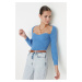 Trendyol Blue Crop Heart Neck Knitwear Sweater