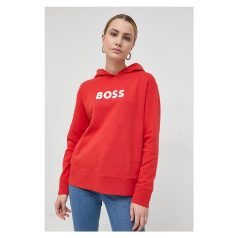 Bavlnená mikina BOSS dámska, červená farba, s kapucňou, s potlačou, 50468367 Hugo Boss