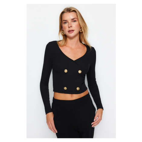 Trendyol Black Button Detailed V-Neck Ribbed Stretchy Crop Knitted Blouse