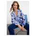 Trendyol Blue Woven Satin Rose Patterned Oversize Wide Fit Shirt