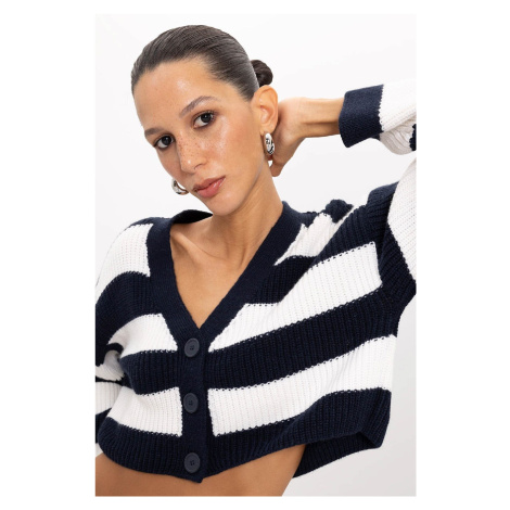 DEFACTO Regular Fit V Neck Striped Buttoned Knitted Cardigan