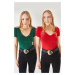 Olalook Women's Emerald-Red V-Neck Short Sleeve 2-Pack Suit Blouse