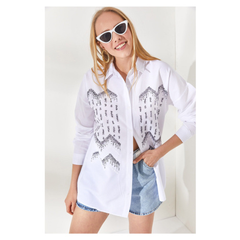 Olalook Women's Geometric White Sequin Detailed Oversized Shirt