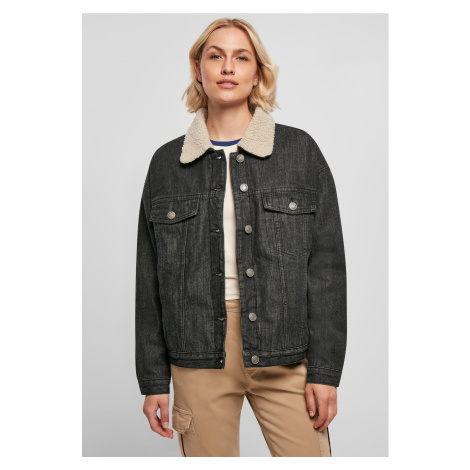 Women's oversized denim jacket Sherpa, black washed Urban Classics