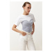 Trendyol Gray Color Block Fitted Short Sleeve Stretchy Knitted Blouse with Smocking Detail