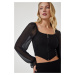 Happiness İstanbul Women's Black Chiffon Honey Sleeve Zippered Crop Blouse