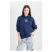 DEFACTO Women's Navy Blue Cool Oversize Fit Wide Pattern Hooded Printed Sweatshirt