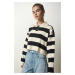 Happiness İstanbul Women's Cream Black Stylish Buttoned Collar Striped Crop Knitwear Sweater