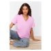 Trendyol Pink 100% Cotton Oversize/Wide Fit V-Neck Knitted T-Shirt