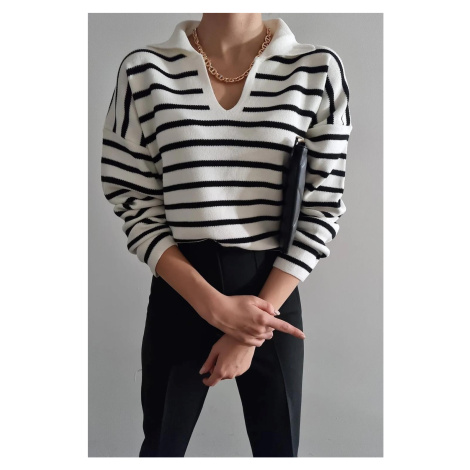 51782 Dewberry Polo Neck Striped Long Sleeve Sweater-WHITE-BLACK