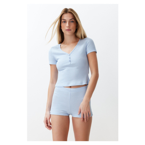Trendyol Light Blue Button Detailed Corded Knitted Pajama Set