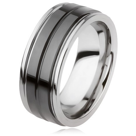 Wolfrámový prsteň s lesklým čiernym povrchom a zárezom, strieborná farba - Veľkosť: 67 mm