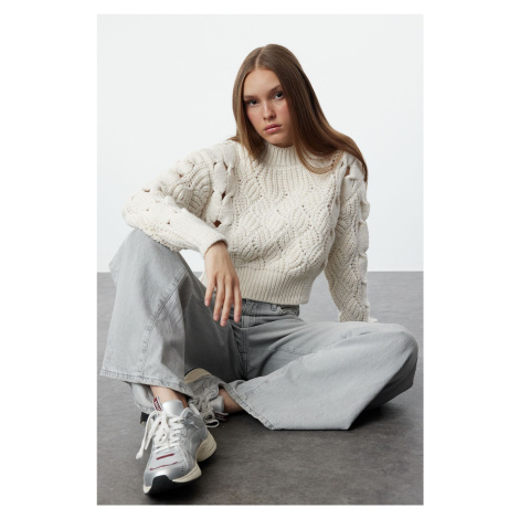 Trendyol Stone Crop Openwork/Hole Detailed Crew Neck Knitwear Sweater