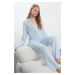 Trendyol Light Blue Striped Ruffle and Ribbon/Bow Detailed Woven Pajama Set