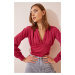 Happiness İstanbul Women's Dark Pink Deep V-Neck Crop Sandy Knitted Blouse