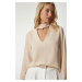 Happiness İstanbul Women's Beige Window Detailed Low-cut Crepe Blouse