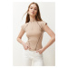 Trendyol Stone High Neck Zipper Detailed Crop Raglan Sleeve Knitted Blouse