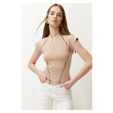 Trendyol Stone High Neck Zipper Detailed Crop Raglan Sleeve Knitted Blouse