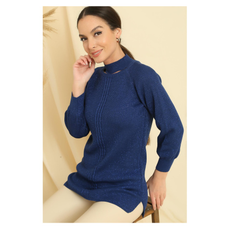 By Saygı Low-cut Neck Braided Pattern Plus Size Sports Tunic Sweater