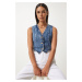 Happiness İstanbul Women's Dark Blue V-Neck Crop Denim Vest