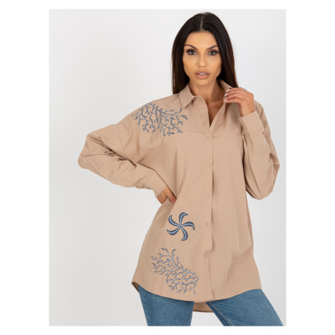 Beige lady's oversize shirt with embroidery