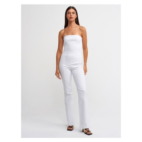 Dilvin 71314 Strapless White Flare Denim Overalls-White