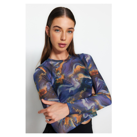Trendyol Multi Color Printed Tulle Fitted Crop Stretch Knit Blouse