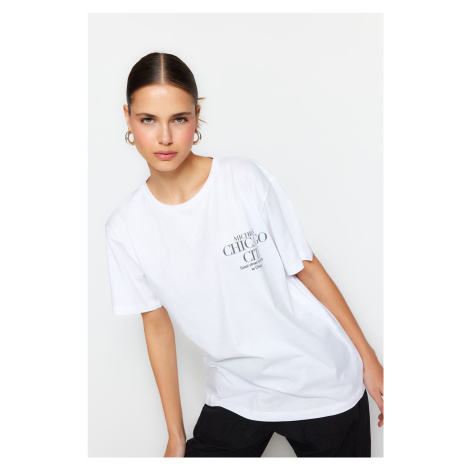 Trendyol White 100% Cotton Front and Back City Printed Boyfriend Crew Neck Knitted T-Shirt