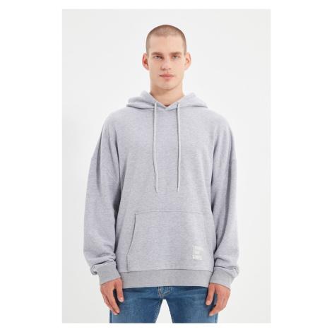 Trendyol Basic Gray Men's Oversize/Wide Cut Hooded Labeled Fleece Inside Cotton Sweatshirt