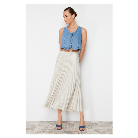 Trendyol Stone Pleated Maxi Stretchy Knitted Skirt