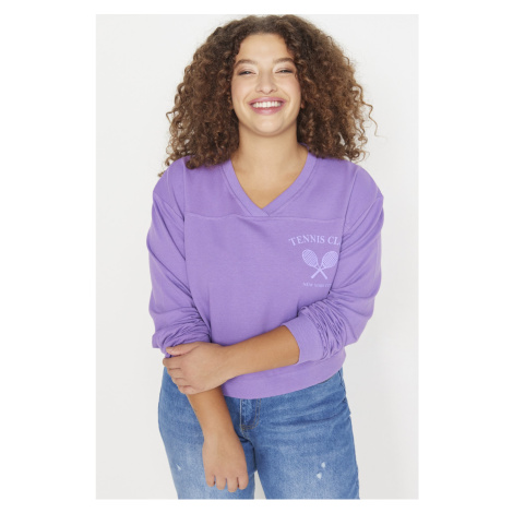 Trendyol Curve Purple Purple V-Neck Printed Thin Knitted Sweatshirt