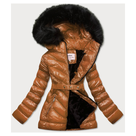Lesklá zimná bunda v karamelovej farbe s machovitou kožušinou (W673) MHM