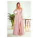 Elegantní dlouhé krajkové dámské šaty v pudrově růžové barvě s dekoltem XXL model 8869354 - numo