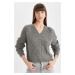 DEFACTO Relax Fit V Neck Hair Knitted Sweater