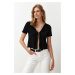 Trendyol Black Cotton V Neck Decollete Lace Detail Elastic Knitted Blouse