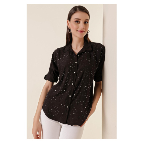 By Saygı Staples Front and Stone Buttons Polo Collar Shirt Black