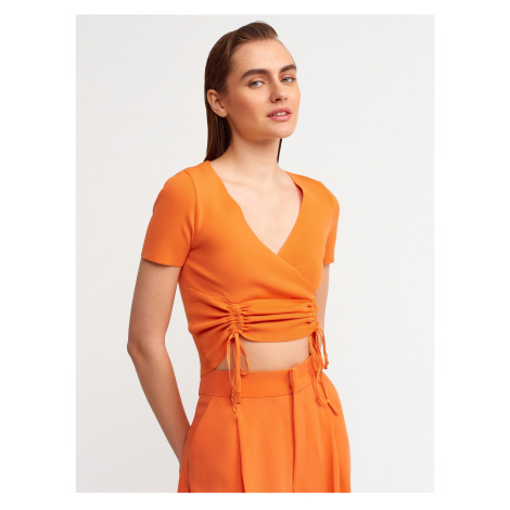 Dilvin 10194 Double Breasted Collar Front Gathered Knitwear Crop-orange