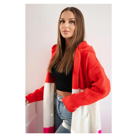 Striped hooded sweater red+ecru+pink