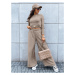 Women's set of wide trousers and crop top with long sleeves ASTRAL ALLURE dark beige Dstreet