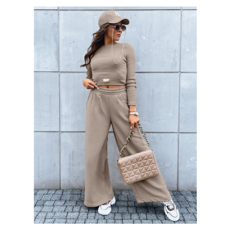 Women's set of wide trousers and crop top with long sleeves ASTRAL ALLURE dark beige Dstreet