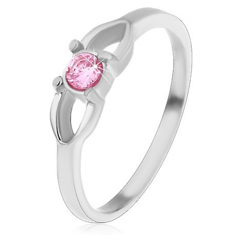 Oceľový detský prsteň, kontúra mašličky a okrúhly ružový zirkón v strede - Veľkosť: 50 mm