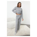 Trendyol Grey Melange Slogan Label Detailed Waffle Fabric Knitted Pajama Set