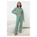 Trendyol Green Slogan Label Detailed Waffle Fabric Knitted Pajama Set