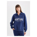 DEFACTO Navy Blue Relax Fit Polo Neck Printed Thick Sweatshirt