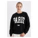 DEFACTO Black Loose Fit Crew Neck Printed Thick Sweatshirt