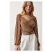 Happiness İstanbul Women's Dark Beige Elastic Balloon Sleeve Sandy Knitted Blouse